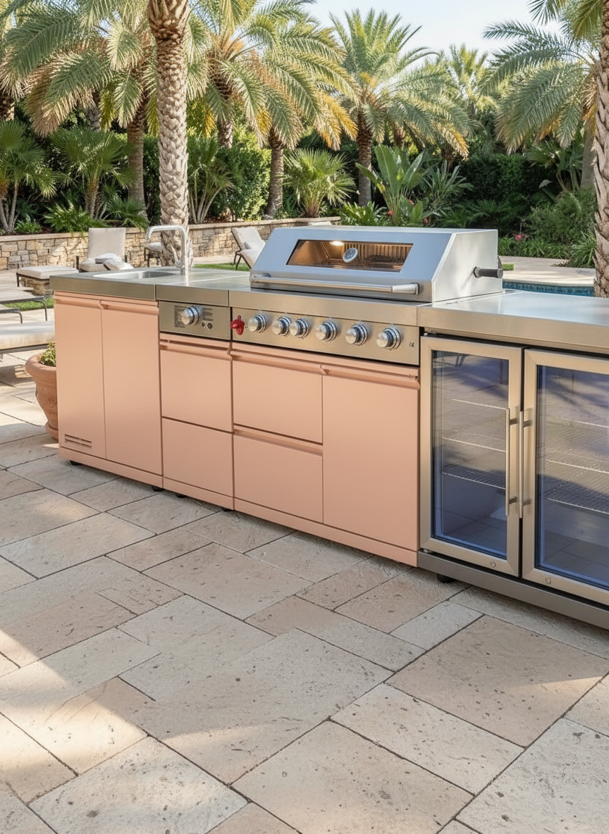 Blush peach powdercoat outdoor kitchen by the pool