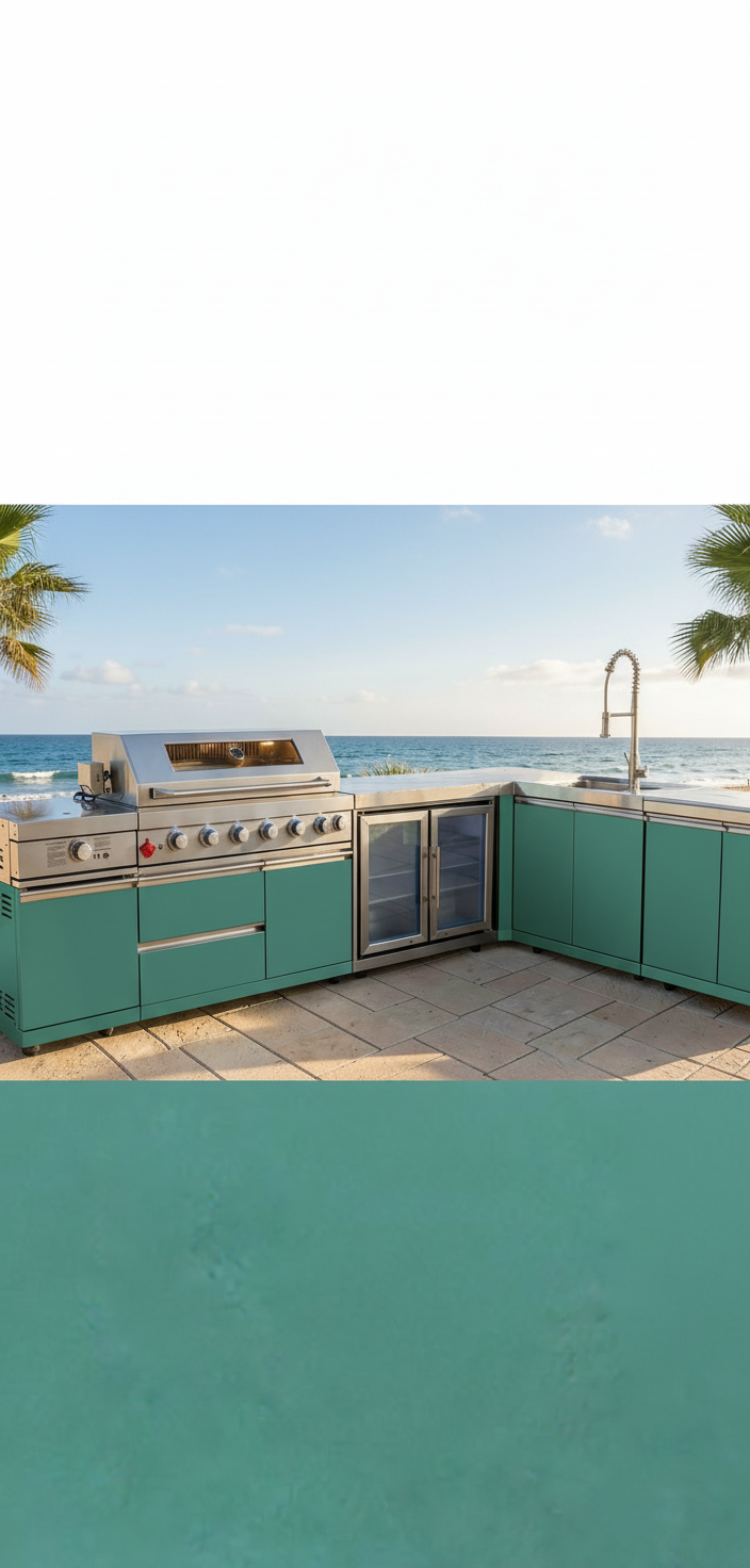 Teal green powdercoat outdoor kitchen oceanfront