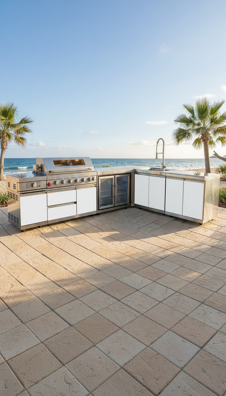 White powdercoat outdoor kitchen beachfront