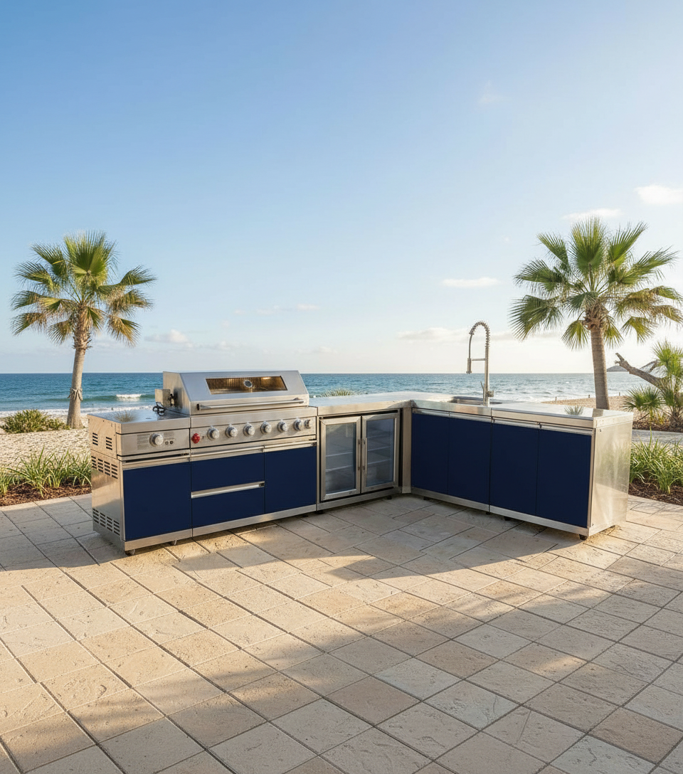 L-shaped navy powdercoat outdoor kitchen on Palm Beach travertine