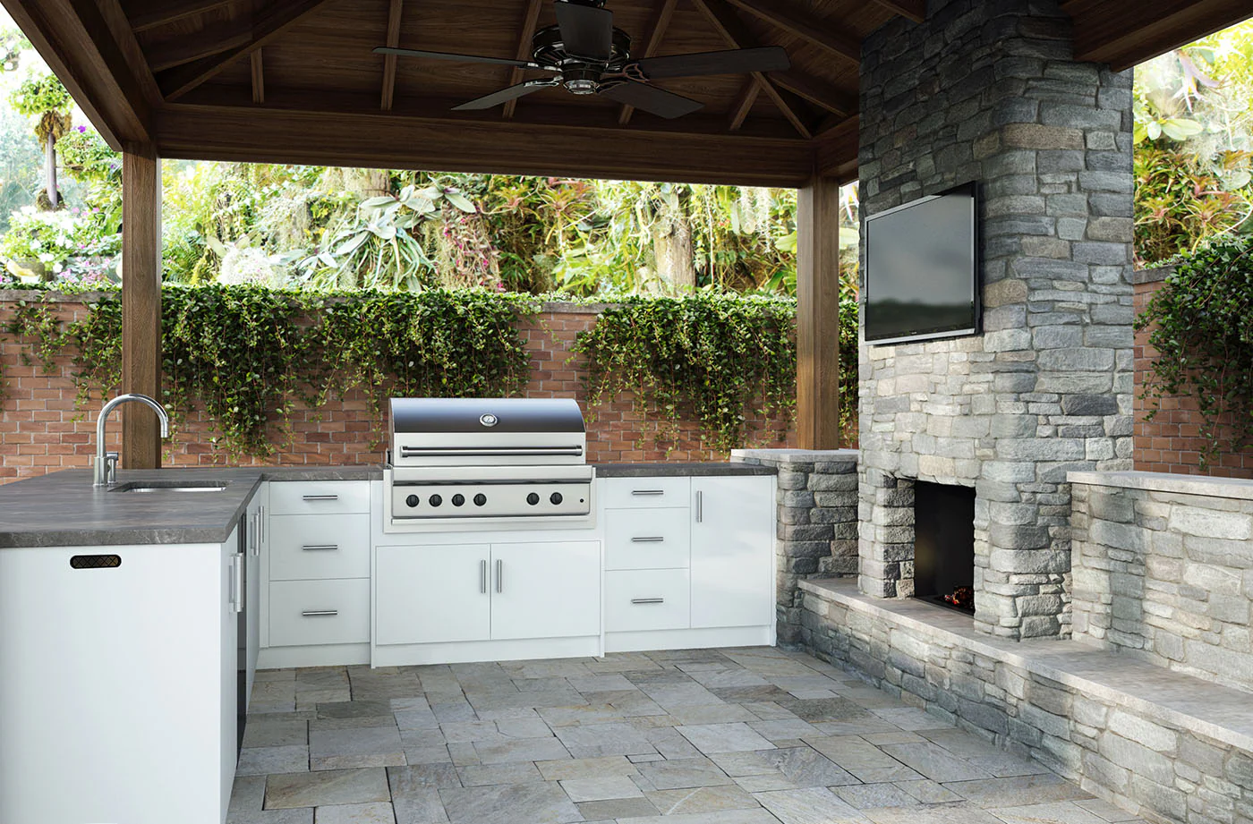 White HDPE kitchen with stone fireplace