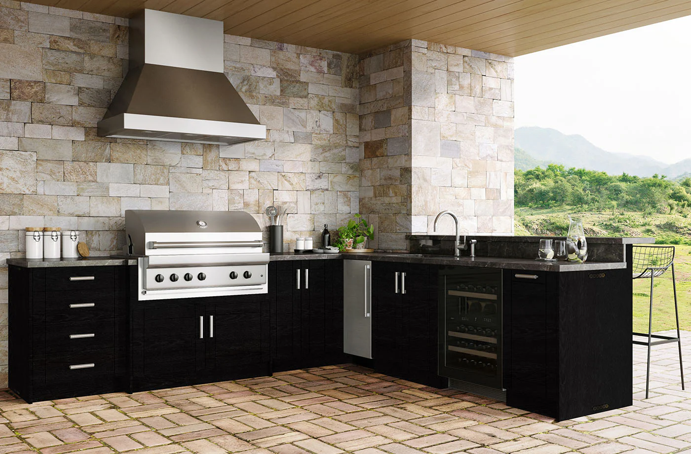 Black HDPE L-shaped kitchen with stone wall