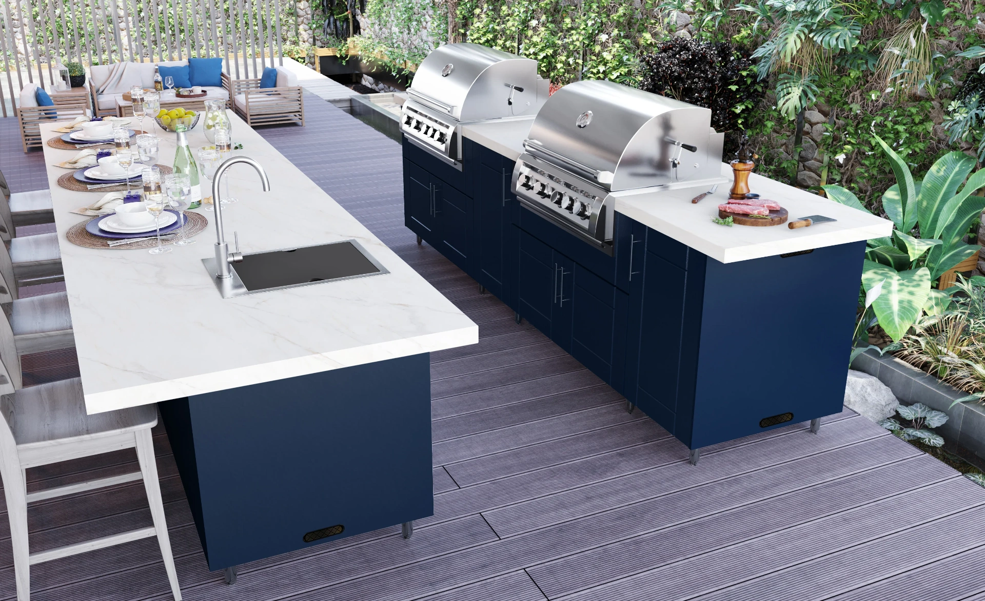 Navy blue HDPE kitchen with twin grills