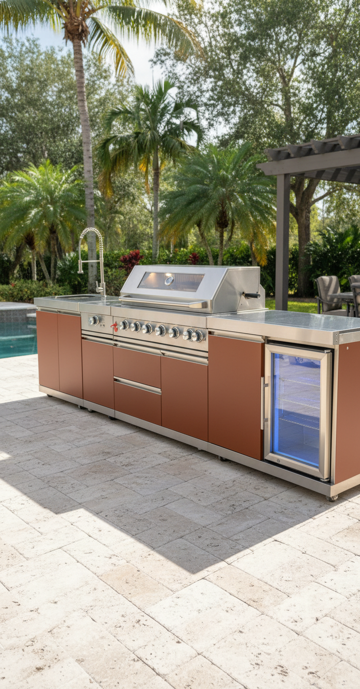 Copper-finish Sunzout modular outdoor kitchen beside a West Palm Beach pool